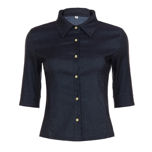 WEEKEEP 美式复古深蓝色翻领单排扣仿牛仔衬衫女百搭修身中袖上衣