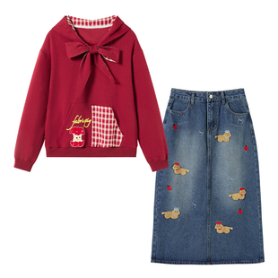 织物猪 苹果日记 慵懒感红色连帽卫衣女初秋甜美宽松格子拼接外套