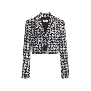 亮丝千鸟格小香风西装外套女 欧时力2024新款早春短款复古正肩