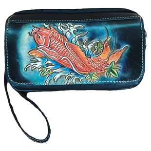 调皮匠手机包男款真皮手拿包女大容量腕包新款收纳包手工皮雕钱包