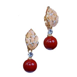复古港风微镶枫叶红珠耳环小众设计感流行耳坠气质百搭显脸瘦耳饰