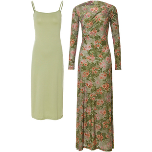 从那以后法式风碎花裙一字领长款连衣裙绿色长袖丝绒长裙复古春季