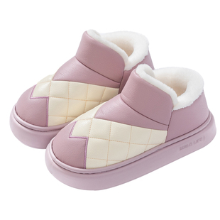 PU防水棉鞋女冬季室内家居毛毛包跟月子鞋保暖防滑厚底家用棉拖鞋