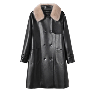 海宁真皮皮衣女中长款2025冬季新款羊皮气质修身显瘦加绒保暖外套