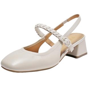 百丽女鞋子小香风麦穗粗高跟凉鞋新款法式凉鞋婚鞋单鞋A8H1DBH4