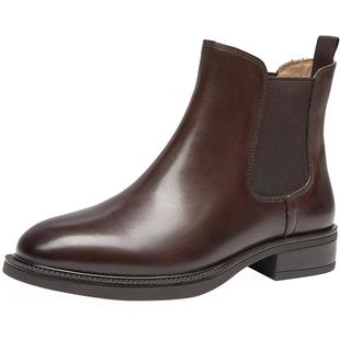 BEAU英伦风切尔西短靴女春秋真皮烟筒马丁靴瘦瘦靴加绒棕色切尔西