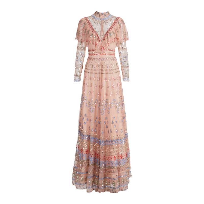 LEEDY＆ME高端原创连衣裙优雅甜美立领绣花重工长款礼服裙宴聚会