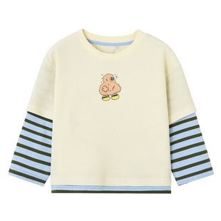 马拉丁童装卫衣春装趣味印花假两件华夫格圆领卫衣