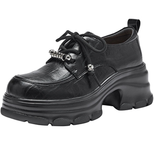 热风厚底乐福鞋女2026年春季新款小个子增高小皮鞋黑色百搭女鞋子