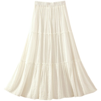 棉麻女中长款文艺气质百褶半身裙