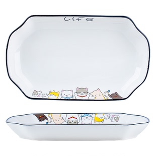 日式鱼盘家用陶瓷大号餐盘可爱高颜值蒸鱼盘套装长方形早餐盘餐具