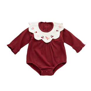 女宝宝满月百天套装酒红色新生婴儿长袖包屁衣服春秋四季款冬打底
