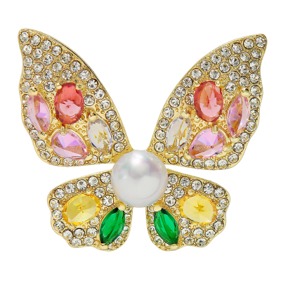 国风七彩水晶蝴蝶胸针高档女奢华气质珍珠别针防走光西装毛衣配饰