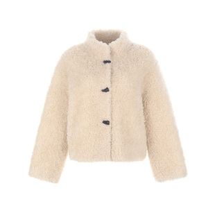 wana try100%绵羊毛立领复合皮毛一体外套25秋新品米色时髦上衣女