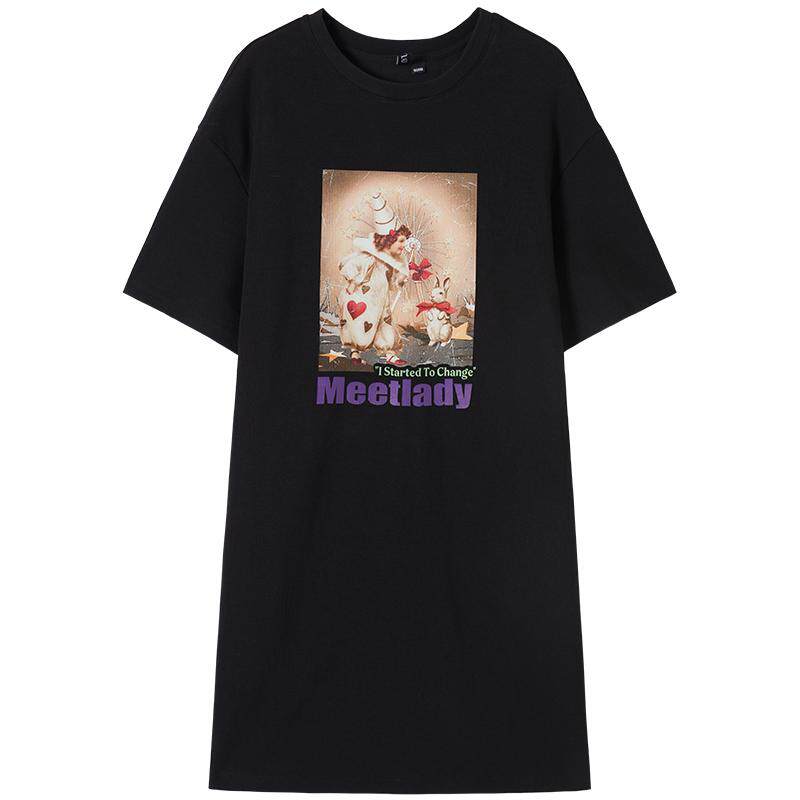 MEETLADY字母印花短袖连衣裙女夏季新款时尚减龄T恤裙小黑裙