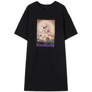MEETLADY字母印花短袖连衣裙女夏季新款时尚减龄T恤裙小黑裙