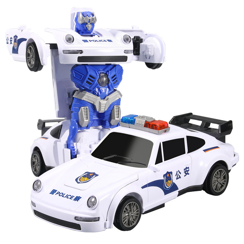 抖音电动变形警车金刚机器人旋转万向儿童玩具车男孩小汽车声光