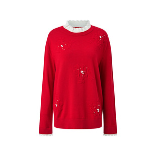 【商场同款】MAXRIENY节庆穿搭波尔多红宽松针织衫假两件红毛衣女