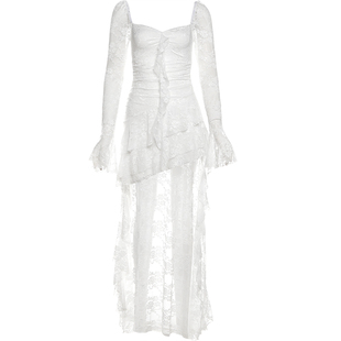 KLIOU 可甜可盐飘带方领蕾丝连衣裙女设计感小众修身显瘦不规则裙