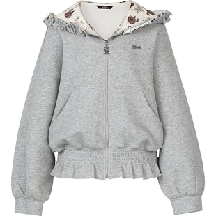 妖精的口袋蕾丝拼接连帽卫衣外套女2026春季新款玫瑰印花甜美上衣