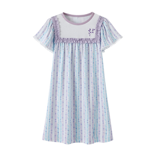 英氏儿童睡裙夏季薄款100%纯棉短袖连衣裙全棉公主风睡衣女童裙子