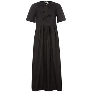 GANNI春季黑色棉质蝴蝶结绑带镂空女士短袖连衣裙长裙银泰百货