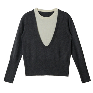 LIMONN老钱风高智感中古假两件大U领灰色绵羊毛上衣针织衫秋冬