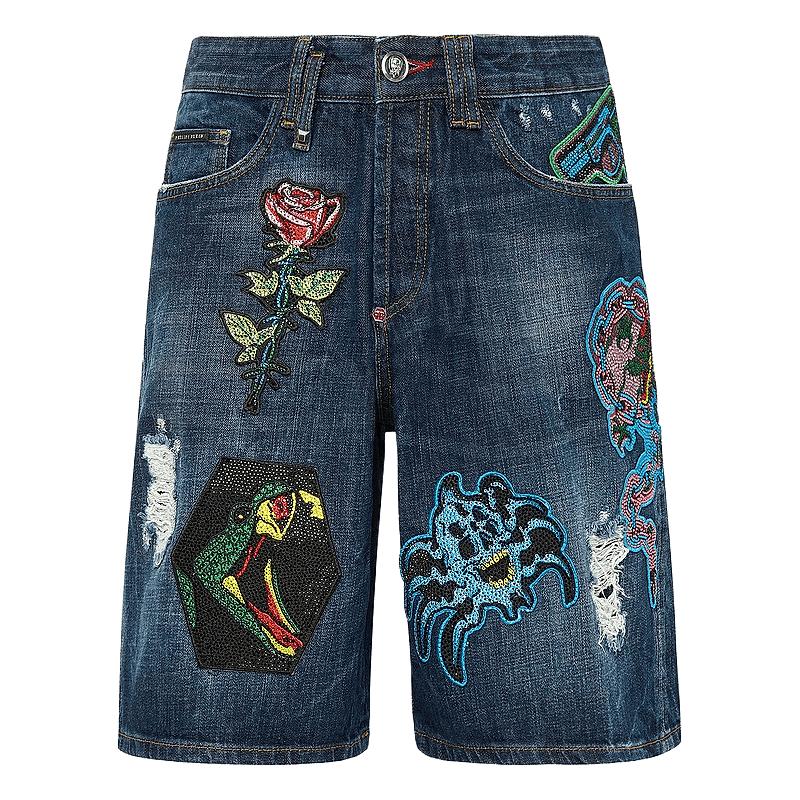 PHILIPP PLEIN 男士做旧刺青贴花牛仔短裤