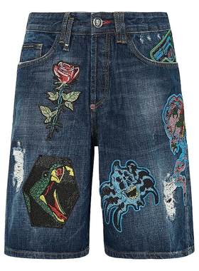 PHILIPP PLEIN 男士做旧刺青贴花牛仔短裤