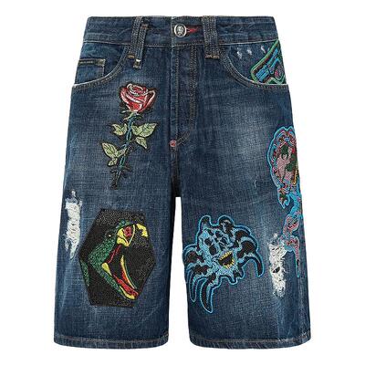 PHILIPP PLEIN 男士做旧刺青贴花牛仔短裤
