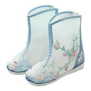 儿童汉服绣花鞋女童春夏季网靴子中国风女童老北京古装马面裙靴子
