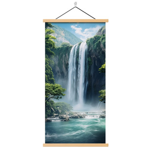 流水生财山水画进门入户玄关装饰画中式简约过道竖版高山流水挂画