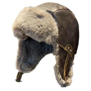 复古PU皮飞行员帽子女冬季加绒加厚保暖雷锋帽骑车防寒护耳帽男冬