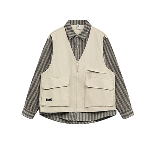 悟空有货日系复古假两件马甲拼接工装衬衫男女设计感潮牌休闲外套