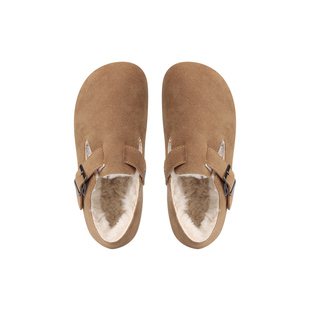 勃肯鞋加绒圆头博肯鞋女一脚蹬单鞋懒人真皮毛毛鞋包头拖鞋女外穿