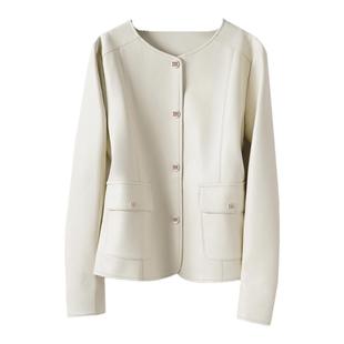 海宁皮衣女士真皮外套短款圆领米白色绵羊皮秋冬新款皮夹克小个子