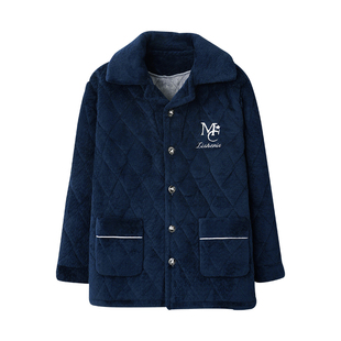 俞兆林秋冬款睡衣男款珊瑚绒加厚三层夹棉衣单件上衣男士加肥加大