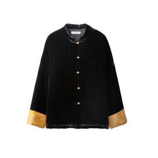 一丝牵填充100%桑蚕丝国风撞色挽袖真丝丝绒棉服国风真丝棉衣外套