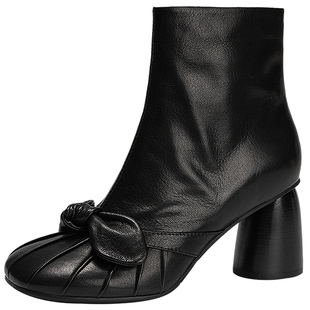 MIO米奥2025冬季新款时装靴圆头高跟短筒靴粗跟黑色增高真皮靴子