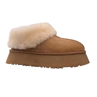 毛毛雪地靴女厚底羊皮毛一体短筒圆头一脚蹬平跟中跟纯色休闲女鞋