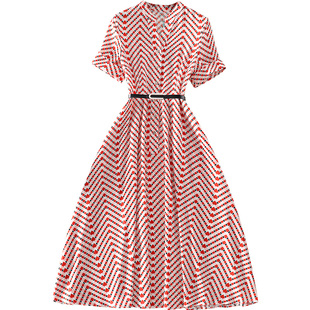 清仓春夏季新款高端气质女装中长款修身显瘦几何印花短袖连衣裙子