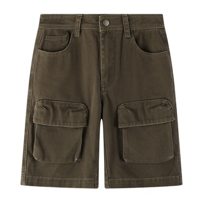 复古水洗绿直筒口袋显瘦牛仔中裤