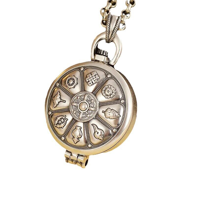 藏式嘎乌盒吊坠莲花鲤鱼复古吉祥八宝银色嘎乌盒吊坠挂坠项链