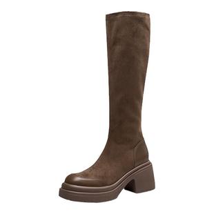 红蜻蜓长筒靴女冬季女靴高筒靴厚底棕色靴子不过膝弹力瘦瘦靴长靴