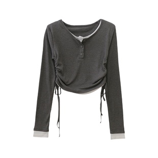 清仓 假两件上衣女秋长袖短装修身抽绳收腰 别致拼垫肩打底t恤