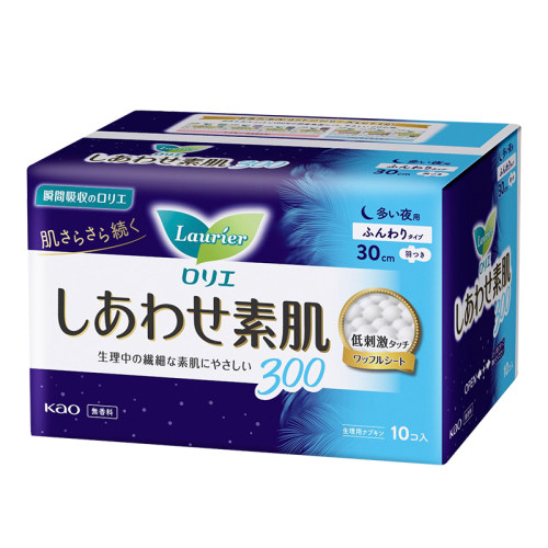 日本进口花王乐而雅夜用卫生巾棉柔亲肤触感无荧光30cm10片*4包