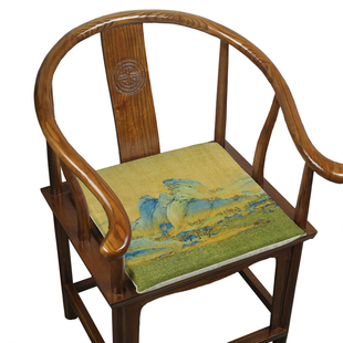 千里江山图坐垫新中式禅意山水椅垫红木椅子圈椅茶室亚麻海绵垫子