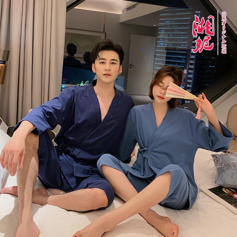汗蒸服女男开衫7分裤7分袖过膝盖日式情侣纯色和服纯棉麻汤泉浴服