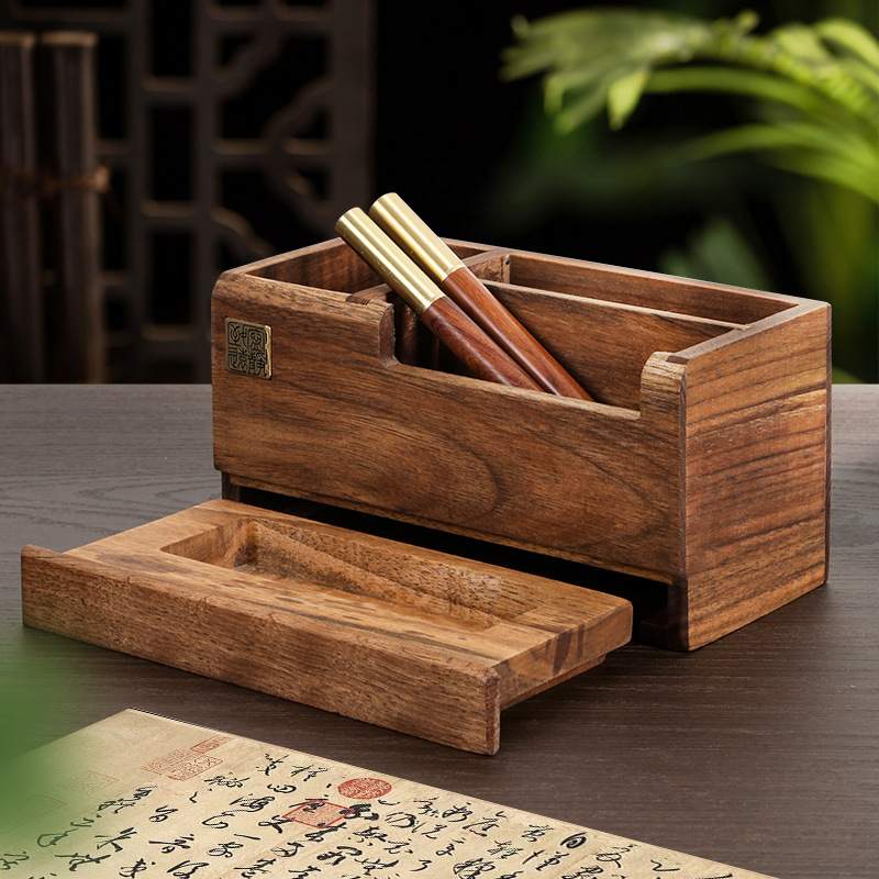 实木笔筒抽屉收纳文创礼盒胡桃木礼品企业年会开业伴手礼logo刻字