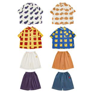 幼悠童装男童蔬果凉感短袖翻领衬衫轻薄透气儿童宽松休闲短裤套装